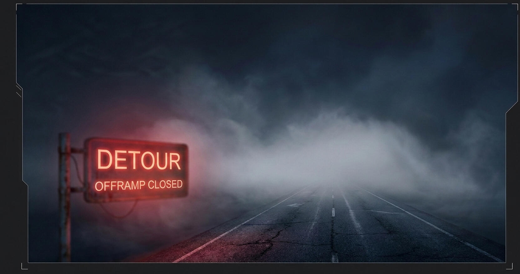Detour Off Ramp closed sign to the left, highway stretching into the fog to the right.